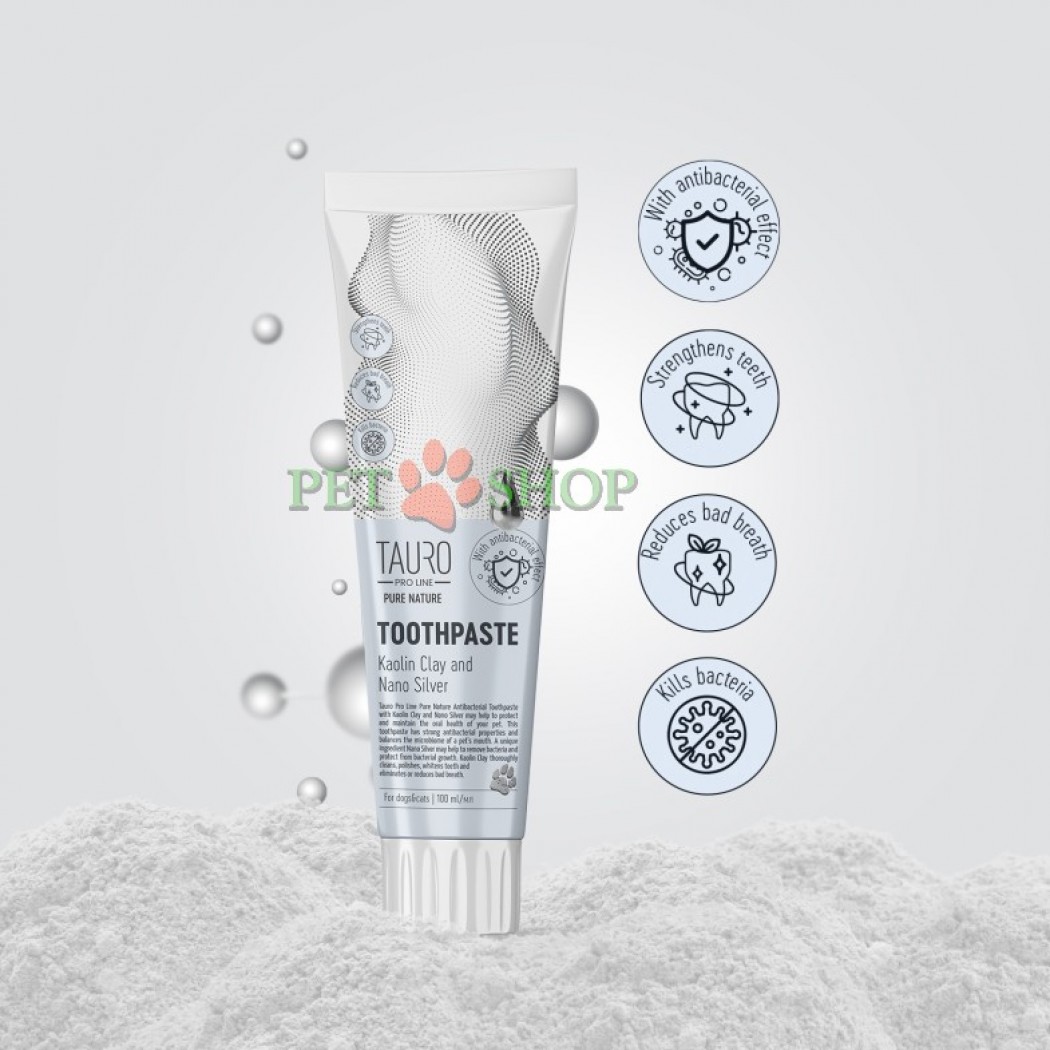 <p>Tauro Pro Line Pure Nature -&nbsp;pasta de dinți antibacteriană cu argilă albă (caolin) și nanoparticule de argint protejează și menține echilibrul sănătății cavității bucale a animalului dumneavoastră de companie.</p>