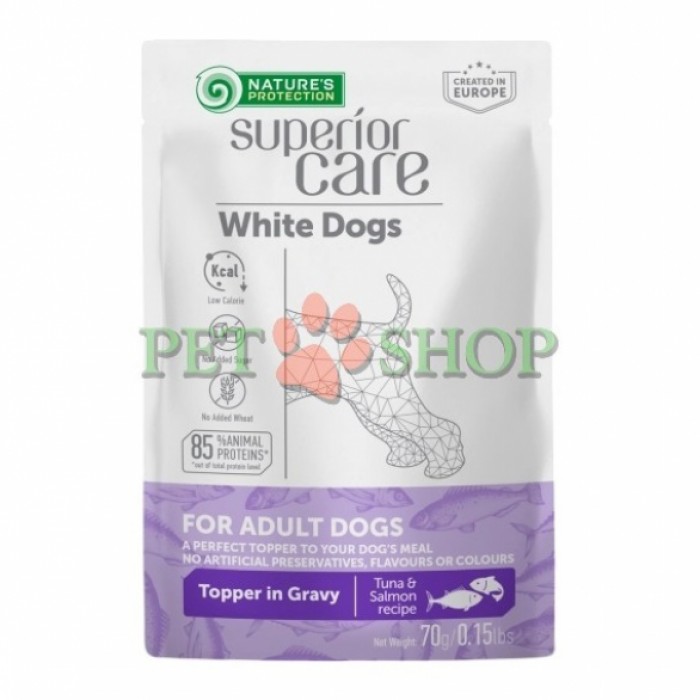 <p><strong>Natures Protection Superior Care White Dogs Adult Tuna, Salmon</strong> &ndash; hrană umedă ideală pentru digestia sensibilă și &icirc;n special pentru c&acirc;inii cu blană albă.</p>