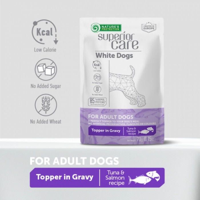 <p><strong>Natures Protection Superior Care White Dogs Adult Tuna, Salmon</strong> &ndash; hrană umedă ideală pentru digestia sensibilă și &icirc;n special pentru c&acirc;inii cu blană albă.</p>