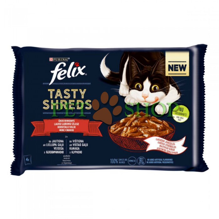 <p><strong>Felix Tasty Shreds vita și pui&nbsp;- f&acirc;șii moi mărunțite &icirc;ntr-un sos irezistibil de gustos pe care pisica ta &icirc;l va &icirc;ndrăgi. 2 buc cu vita, 2 buc cu pui, 4 buc*80 gr</strong></p>