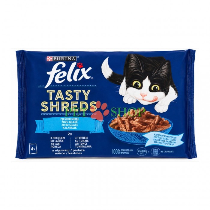 <p><strong>Корм Felix Tasty Shreds для кошек 2 шт с лососем&nbsp;и 2 шт тунцом,&nbsp;4 шт х 80 грамм</strong></p>