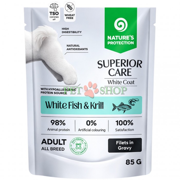 <p><strong>Nature's Protection Superior Care White Coat Adult White Fish, Krill -&nbsp;</strong>полноценный беззерновой влажный корм в виде филе в соусе с белой рыбой и крилем для взрослых собак всех пород с белым или светлым окрасом шерсти.&nbsp;</p>