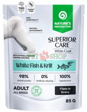 <p><strong>Nature's Protection Superior Care White Coat Adult White Fish, Krill -&nbsp;</strong>полноценный беззерновой влажный корм в виде филе в соусе с белой рыбой и крилем для взрослых собак всех пород с белым или светлым окрасом шерсти.&nbsp;</p>