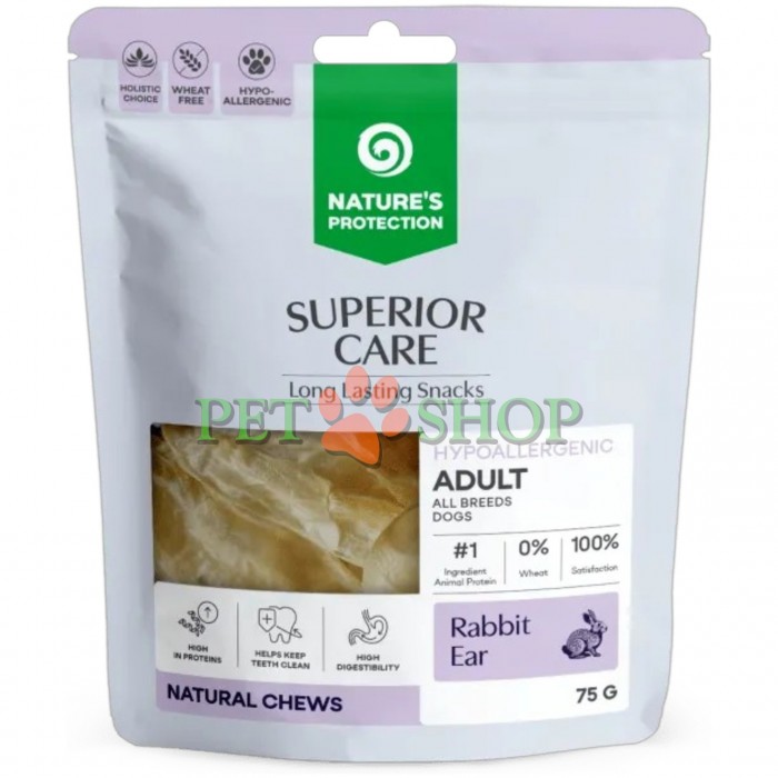 <p><strong>Nature&rsquo;s Protection Superior Care Adult All Breeds Dogs Snacks&nbsp;-&nbsp;</strong>кроличьи уши без шерсти<strong>&nbsp;</strong>лакомство для взрослых собак всех пород. Это натуральное однокомпонентное лакомство, созданное для ежедневного поощрения питомца.&nbsp;Не подходит для щенков младше 3 месяцев.</p>