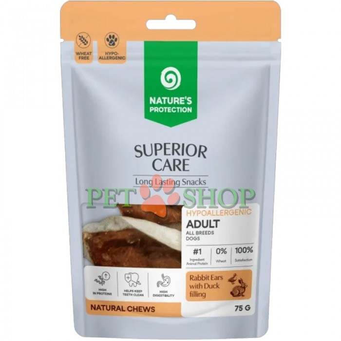 <p><strong>Nature&rsquo;s Protection Superior Care Adult All Breeds Dogs Snacks -&nbsp;</strong>кроличьи уши с начинкой из утки лакомство для взрослых собак всех пород. Это натуральное жевательное лакомство с функциональной начинкой, созданное для ежедневного поощрения питомца.&nbsp;Не подходит для щенков младше 3 месяцев.</p>