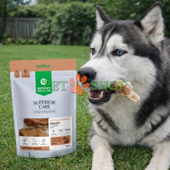 <p><strong>Nature&rsquo;s Protection Superior Care Adult All Breeds Dogs Snacks&nbsp;-&nbsp;</strong>кроличьи уши с начинкой из ягненка<strong>&nbsp;</strong>лакомство для взрослых собак всех пород. Это натуральное жевательное лакомство с функциональной начинкой, созданное для ежедневного поощрения питомца.&nbsp;Не подходит для щенков младше 3 месяцев.</p>