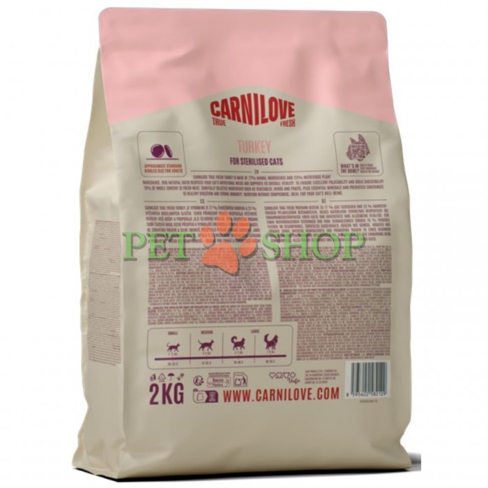 <p><strong>Carnilove True Fresh Sterilised Cat&nbsp;Turkey -&nbsp;</strong>полнорационный корм <strong>TRUE FRESH</strong> со свежей индейкой для стерилизованных взрослых кошек всех пород.&nbsp;<strong>Свежее мясо и субпродукты&nbsp;-&nbsp;Без куриного мяса и жира&nbsp;-&nbsp;Беззерновой.</strong></p>