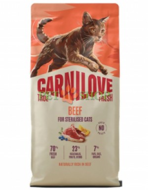 <p><strong>Carnilove True Fresh Sterilised Cat Beef</strong> &ndash; hrană completă <strong>TRUE FRESH cu carne proaspătă de vită</strong> pentru pisici adulte sterilizate, de toate rasele. <strong>Carne și organe proaspete &ndash; Fără carne și grăsime de pui &ndash; Fără cereale.</strong></p>