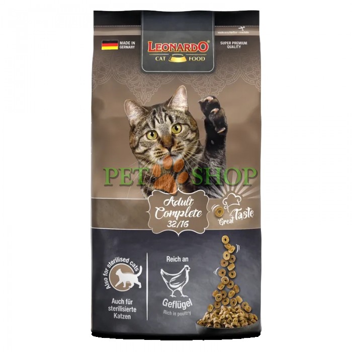 <p><strong>Сухой корм Leonardo Adult Сomplete 32/16 для взрослых кошек с пониженной активностью с птицей.</strong></p>