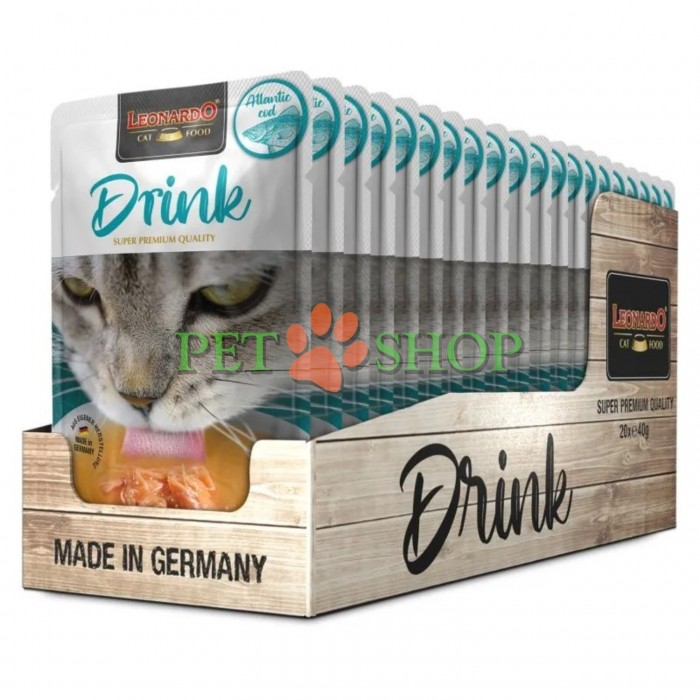 <p><strong>Leonardo Drink Atlantic Cod - суп&nbsp;</strong><strong>с атлантической треской</strong>, с лёгким рыбным ароматом. Идеально подходит в качестве дополнения к сухому корму: этот напиток способствует повышению потребления жидкости и поддерживает здоровье и жизненный тонус вашей кошки. Достаточное потребление воды особенно важно для поддержания здоровья мочевыводящей системы.</p>