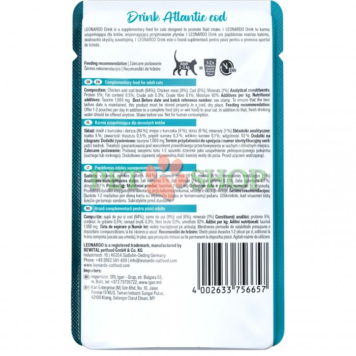 <p><strong>Leonardo Drink Atlantic Cod - суп&nbsp;</strong><strong>с атлантической треской</strong>, с лёгким рыбным ароматом. Идеально подходит в качестве дополнения к сухому корму: этот напиток способствует повышению потребления жидкости и поддерживает здоровье и жизненный тонус вашей кошки. Достаточное потребление воды особенно важно для поддержания здоровья мочевыводящей системы.</p>