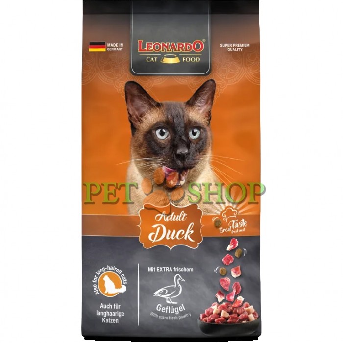 <p><strong>Leonardo Adult Duck&nbsp;- предназначен для чувствительных к корму, склонных к аллергии и привередливых кошек в возрасте от одного года.&nbsp;Рекомендован также для длинношерстных кошек.</strong></p>