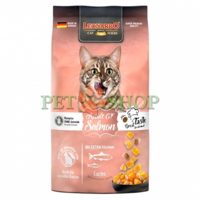 <p><strong>Leonardo Grain Free Salmon - </strong>cu adaos de somon proaspăt.&nbsp;Ideal pentru pisici cu intoleranțe alimentare și adecvat pentru pisici sensibile.&nbsp;Rețetă cu amarant &icirc;n locul cerealelor.</p>