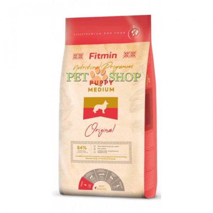<p><strong>Fitmin Medium Puppy&nbsp;&ndash;&nbsp;Hrana calitate super-premium, cu un conținut ridicat de carne și ouă pentru catei de rasele mijlocii cu v&acirc;rsta &icirc;ntre 2-12 luni și cățelele gestante sau care alăptează.</strong></p>
