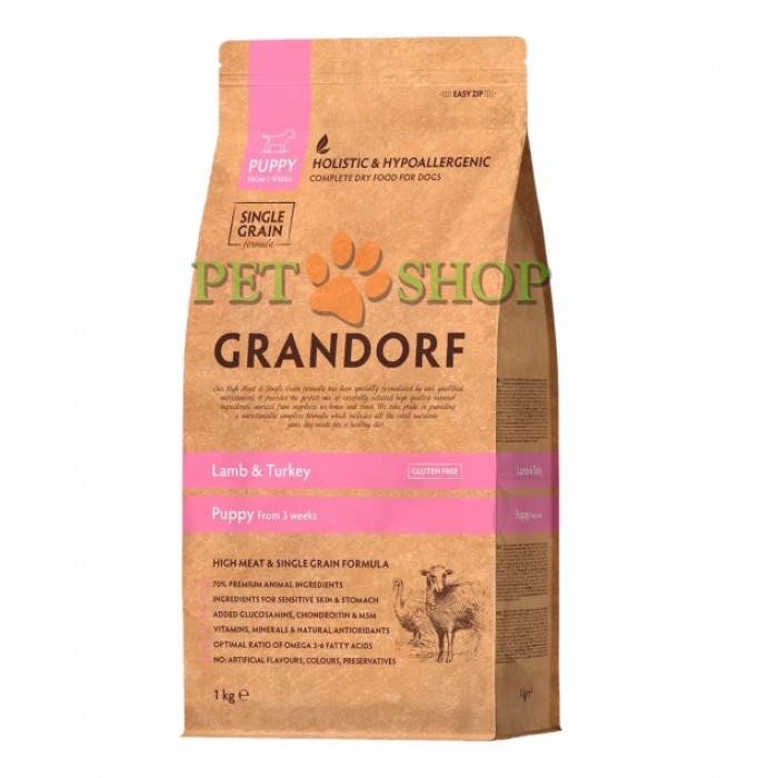<p><strong>Grandorf DOG LAMB & TURKEY PUPPY - Грандорф Сухой комплексный корм для щенков с трех недель беременных и лактирующих сук мелких и средних пород 1 кг на развес</strong></p>
