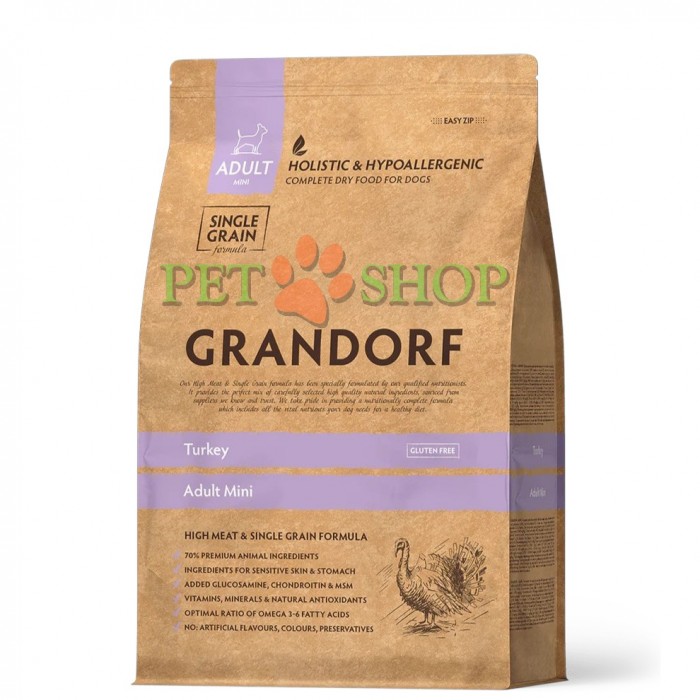 <p>GRANDORF SINGLE GRAIN DOG ADULT MINI TURKEY&nbsp;1 kg - pentru c&acirc;ini adulți de talie mică cu activitate normală, digestie sensibilă sau alergii.</p>