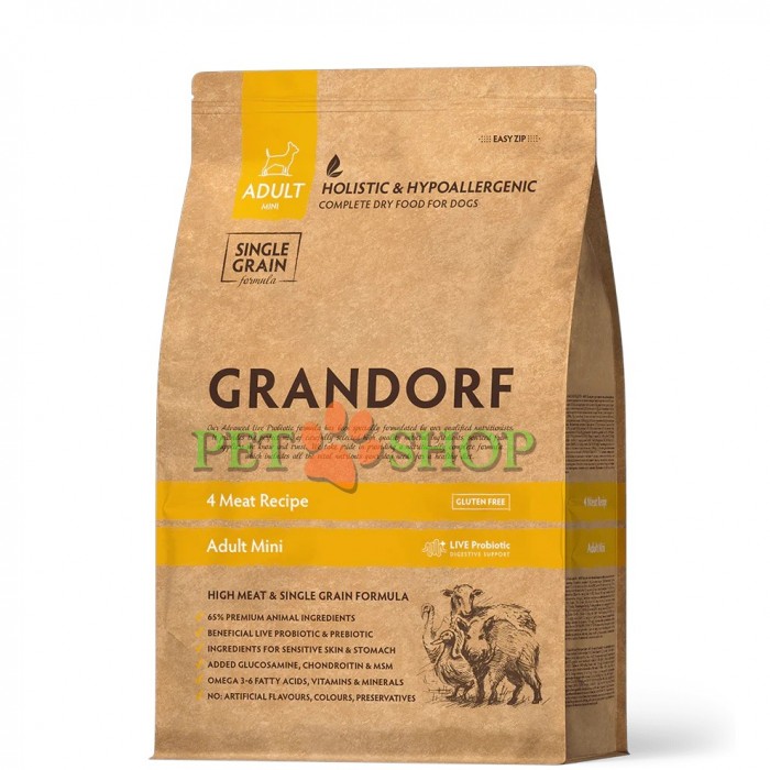 <p>Grandorf Adult Mini 4 Meat -&nbsp;pentru c&acirc;ini adulți de rase mici, cu activitate normală, digestie sensibilă sau predispuși la alergii.</p>