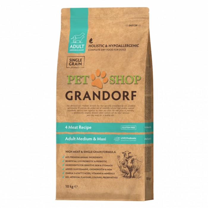 <p><strong>Grandorf 4 Meat Recipe Adult Medium & Maxi Breeds&nbsp;&ndash; сухой гипоаллергенный корм, холистик класса взрослых собак&nbsp;средних и крупных пород с мясом ягненка, индейки, дикого кабана, утки с бурым рисом и пробиотиком.</strong></p>