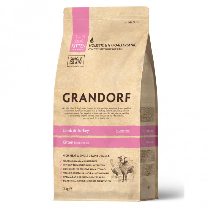 <p><strong>Grandorf Cat Kitten Lamb & Turkey &mdash;&nbsp;это&nbsp;гипоаллергенный рацион с ягненком и индейкой&nbsp;для котят старше 3 недель, а также кормящих и беременных кошек.&nbsp;</strong></p>