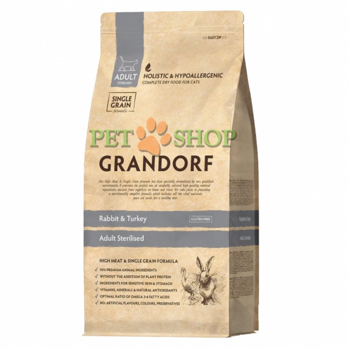 <p>GRANDORF Cat Rabbit&Turkey Adult Sterilised&nbsp;2 kg - pentru pisici sterilizate&nbsp;și motane castrate de la 1 an și pisici mai &icirc;n v&acirc;rstă cu digestie sensibilă sau alergii.</p>