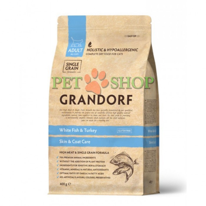<p>Grandorf Cat White Fish Skin&Coat Care - pentru pisici adulte cu activitate normală, piele și blană sensibile sau predispuse la alergii.</p>