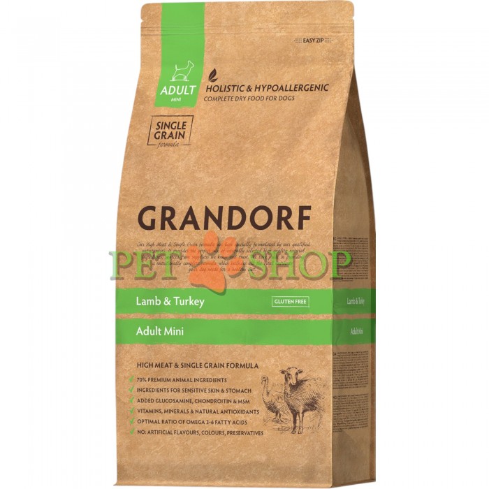 <p><strong>Сухой корм&nbsp;<em>Grandorf Lamb&nbsp;Rice Adult Mini</em>&nbsp;имеющий низкозерновой состав превосходно подходит собакам от года и старше. Содержит мясо индейки и ягненка и имеет специфический размер и строение гранул.</strong></p>