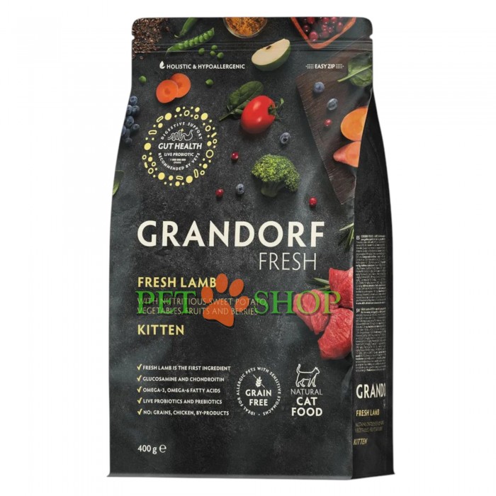 <p><strong>GRANDORF Fresh Cat KITTEN Lamb - </strong>hrană fără cereale cu probiotice vii. Pentru pisoi de la 3 săptăm&acirc;ni, pisici gestante și lactante.</p>