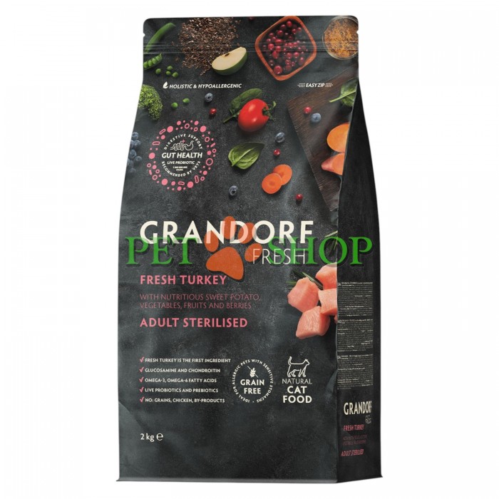 <p>Grandorf Fresh Adult Cat Sterilised Turkey &ndash; hrană uscată fără cereale, cu probiotice vii, pentru pisici adulte sterilizate sau &icirc;n v&acirc;rstă.</p>