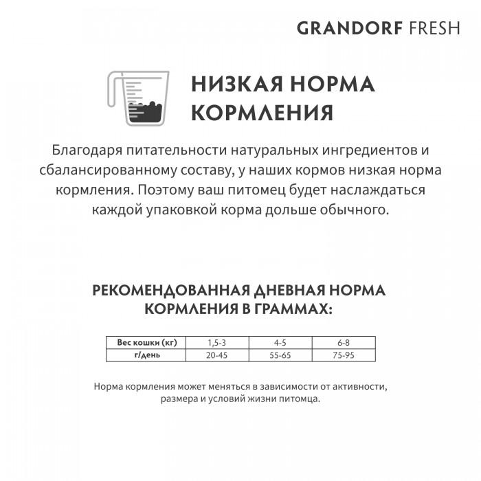 <p>Grandorf Fresh Adult Cat Sterilised Turkey &ndash; hrană uscată fără cereale, cu probiotice vii, pentru pisici adulte sterilizate sau &icirc;n v&acirc;rstă.</p>