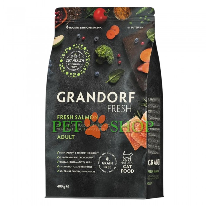 <p><strong>GRANDORF Fresh Cat ADULT Salmon -&nbsp;</strong>hrană fără cereale cu probiotice vii. Pentru pisici adulte, pentru sănătatea pielii și blănii sau predispuse la alergii.</p>