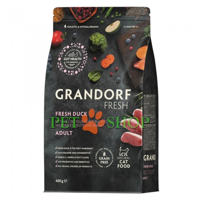 <p><strong>GRANDORF Fresh Cat ADULT Duck -&nbsp;</strong>hrană fără cereale cu probiotice vii. Pentru pisici deosebit de sensibile, cu digestie delicată și predispoziție la alergii.</p>