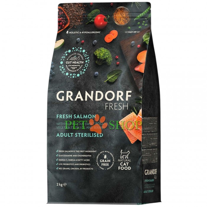 <p><strong>Grandorf Fresh Salmon Adult Cat Sterilised -&nbsp;</strong>hrană fără cereale cu probiotice vii. Pentru pisici adulte sterilizate sau &icirc;n v&acirc;rstă.</p>