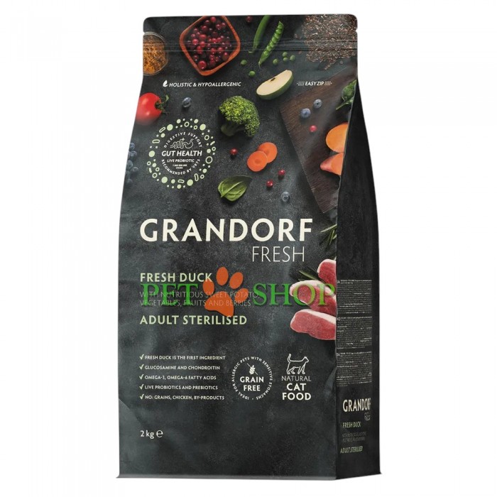 <p><strong>Grandorf Fresh Duck Adult Cat Sterilised -&nbsp;</strong>hrană fără cereale cu probiotice vii. Pentru pisici adulte sterilizate sau &icirc;n v&acirc;rstă.</p>
