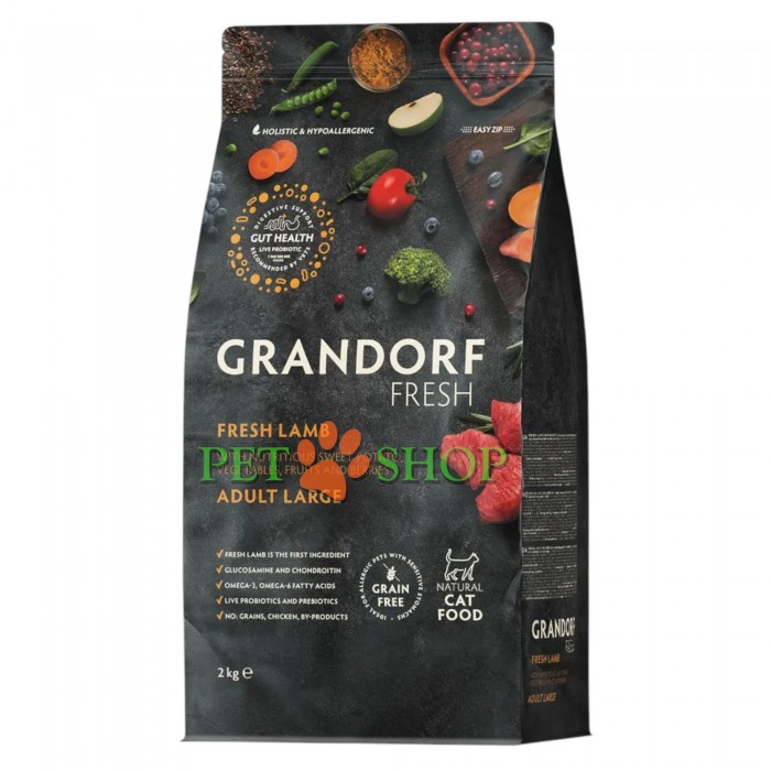 <p><strong>Grandorf Fresh Lamb Adult LARGE Cat - </strong>hrană fără cereale cu probiotice vii. Pentru pisici adulte de rasă mare cu digestie sensibilă sau predispuse la alergii.</p>