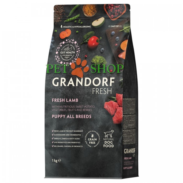 <p><strong>Grandorf Fresh Lamb Puppy -&nbsp;</strong>hrană uscată fără cereale pentru căței de toate rasele (de la 3 săptăm&acirc;ni), precum și pentru cățele gestante și care alăptează.</p>