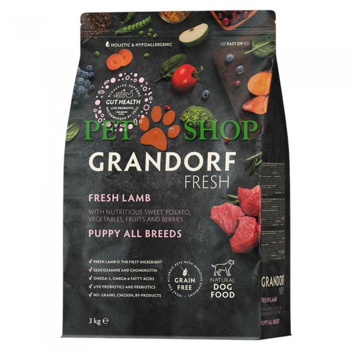 <p><strong>Grandorf Fresh Lamb Puppy - сухой корм беззерновой для щенков всех пород (с 3 недель), а также для беременных и кормящих сук.</strong></p>