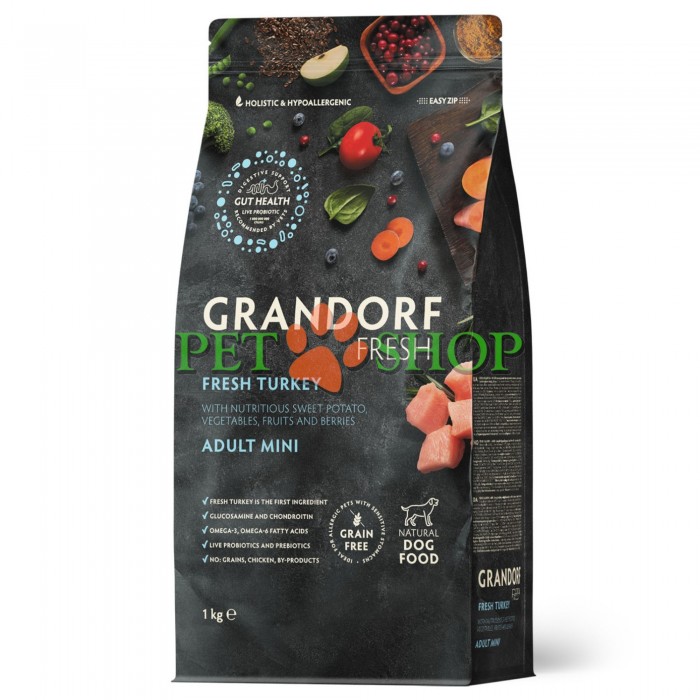<p><strong>GRANDORF Fresh Adult Mini&nbsp;Turkey</strong> - hrană fără cereale cu probiotice vii, pentru c&acirc;ini de talie mică, cu sensibilități digestive și predispuși la alergii.</p>