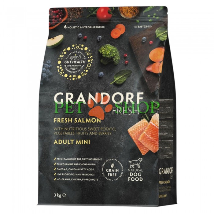 <p><strong>GRANDORF Fresh Salmon Adult Mini </strong>-&nbsp;Беззерновой корм с живыми пробиотиками. Для взрослых собак мелких пород, для здоровья кожи и шерсти или склонных к аллергии.</p>