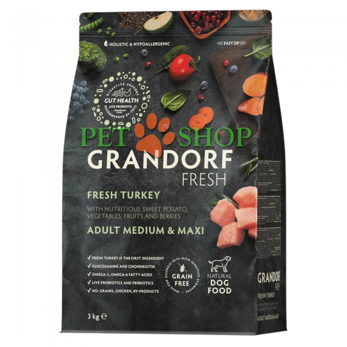 <p><strong>GRANDORF Fresh Dog Adult Medium, Maxi Turkey - </strong>беззерновой корм с живыми пробиотиками. Для особо аллергичных собак средних и крупных пород с чувствительным пищеварением.</p>