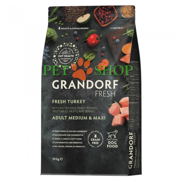 <p><strong>GRANDORF Fresh Dog Adult Medium, Maxi Turkey </strong>&ndash; hrană fără cereale cu probiotice vii. Pentru c&acirc;ini de talie medie și mare&nbsp;cu sensibilități digestive și alergii.</p>