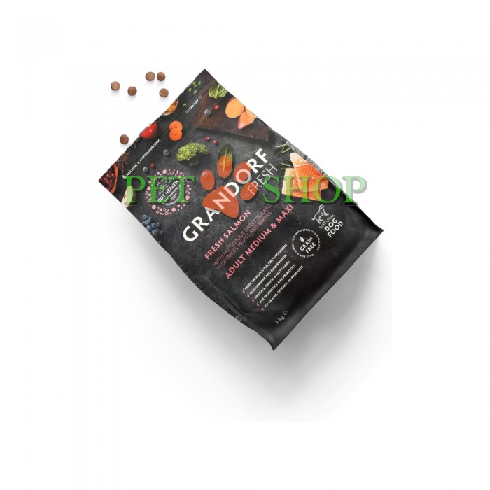 <p><strong>GRANDORF Fresh Salmon Adult Medium Maxi - </strong>hrană fără cereale cu probiotice vii.&nbsp;Pentru c&acirc;ini adulți de talie medie și mare.</p>