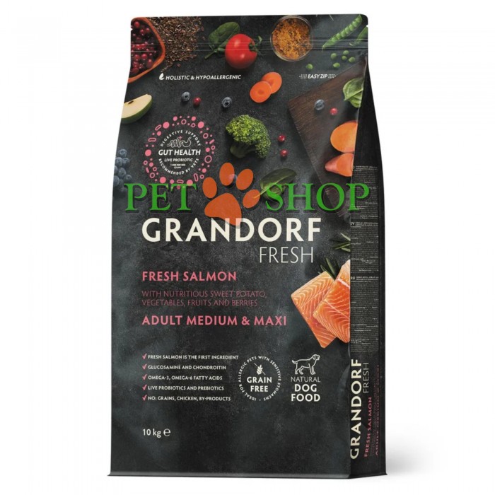 <p><strong>GRANDORF Fresh Salmon Adult Medium Maxi - </strong>hrană fără cereale cu probiotice vii.&nbsp;Pentru c&acirc;ini adulți de talie medie și mare.</p>