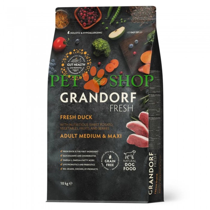 <p><strong>GRANDORF Fresh Dog Adult MEDIUM, MAXI Duck -&nbsp;</strong>Hrană fără cereale cu probiotice vii, pentru c&acirc;ini de talie medie și mare, cu alergii severe și digestie sensibilă.</p>