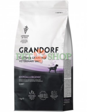 <p><strong>Grandorf Veterinary Diet Dog Hypoallergenic</strong> - полнорационный диетический корм для собак, применяемый при пищевой аллергии или пищевой непереносимости. Формула на основе гидролизованного белка кролика.</p>