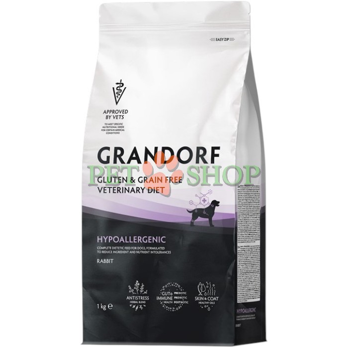 <p><strong>Grandorf Veterinary Diet Dog Hypoallergenic</strong> - полнорационный диетический корм для собак, применяемый при пищевой аллергии или пищевой непереносимости. Формула на основе гидролизованного белка кролика.</p>
