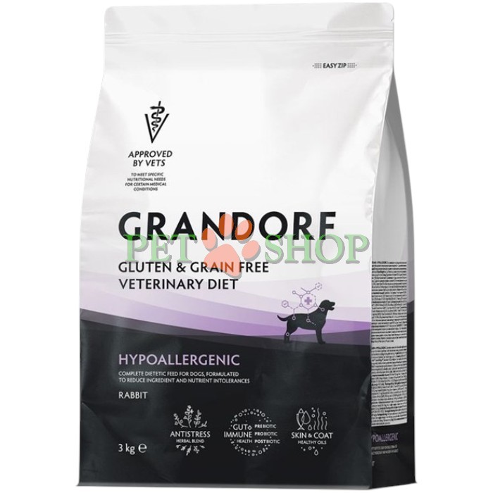 <p><strong>Grandorf Veterinary Diet Dog Hypoallergenic</strong> - полнорационный диетический корм для собак, применяемый при пищевой аллергии или пищевой непереносимости. Формула на основе гидролизованного белка кролика.</p>