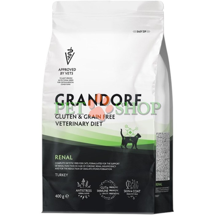 <p><strong>Grandorf Veterinary Diet Cat Renal</strong> - полнорационный диетический сухой корм для кошек, разработанный для поддержки функции почек при хронической болезни почек и для снижения образования оксалатных камней. Формула на основе бескостной индейки.</p>