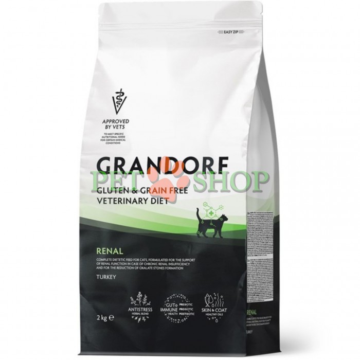 <p><strong>Grandorf Veterinary Diet Cat Renal</strong> - полнорационный диетический сухой корм для кошек, разработанный для поддержки функции почек при хронической болезни почек и для снижения образования оксалатных камней. Формула на основе бескостной индейки.</p>