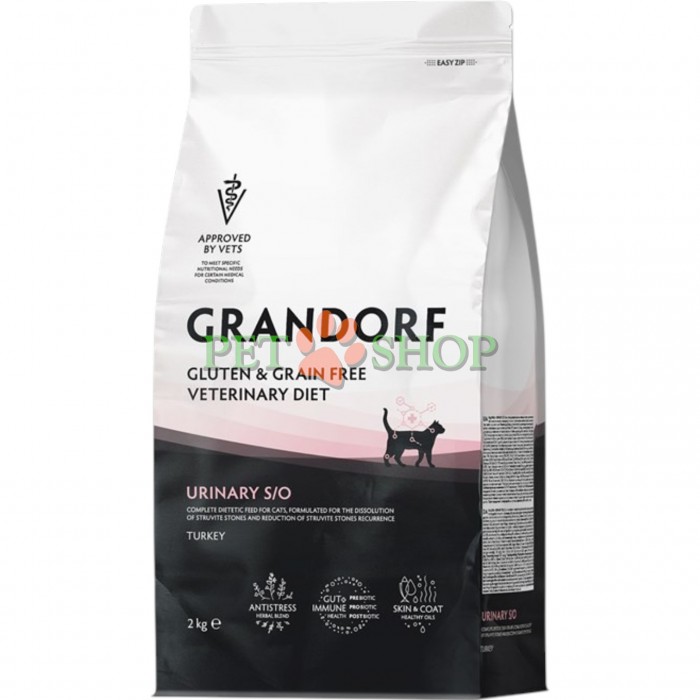 <p><strong>Grandorf Veterinary Diet Cat Urinary S/O - </strong>полнорационный диетический сухой корм для растворения струвитных мочевых камней и снижения риска повторного формирования мочевых камней струвитного и оксалатного типов. Формула на основе бескостной индейки.</p>
