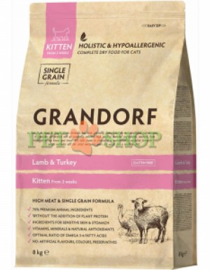<p><strong>Grandorf Cat Kitten Lamb & Turkey — </strong>pentru pisoi de la varsta de 3 saptamani, pisici gestante si care alapteaza<strong>. </strong></p>